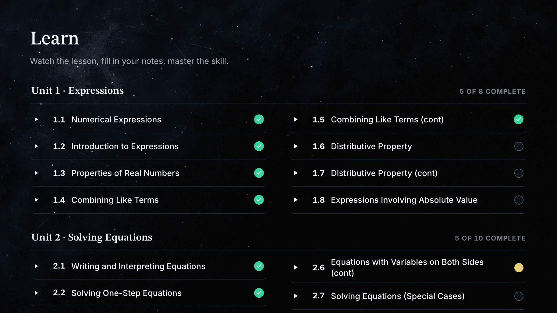 The Learn screen: units and lessons across a full Algebra 1 course, with completed lessons checked off