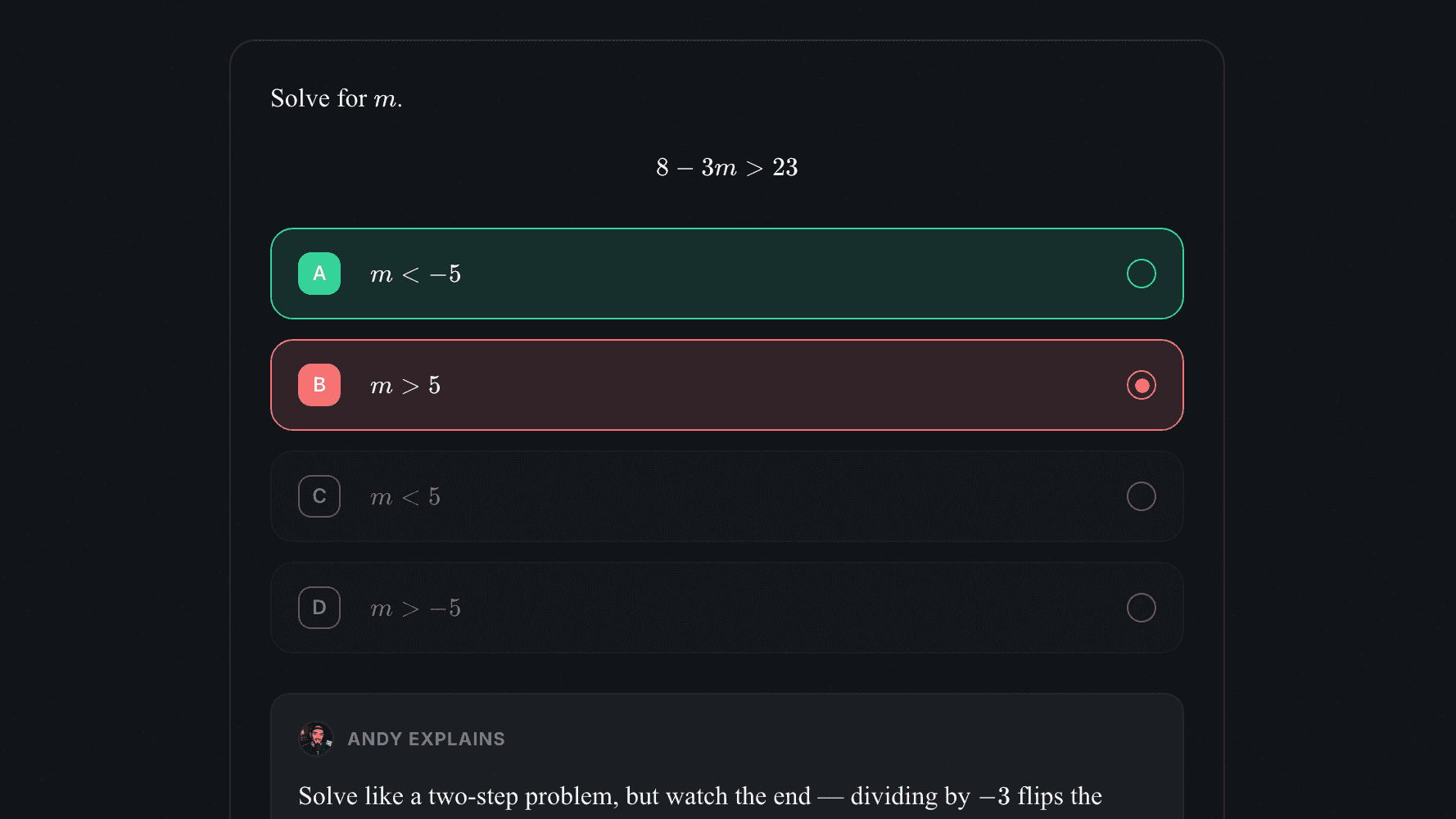 A practice question answered, the missed choice marked and the right one shown, with Andy's explanation opening underneath